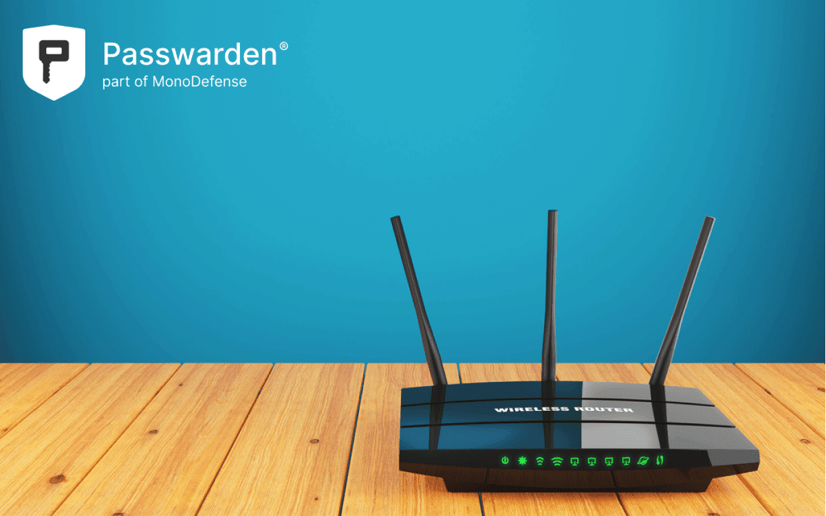 Wi-Fi wireless router on wooden table. How to find WiFi password.