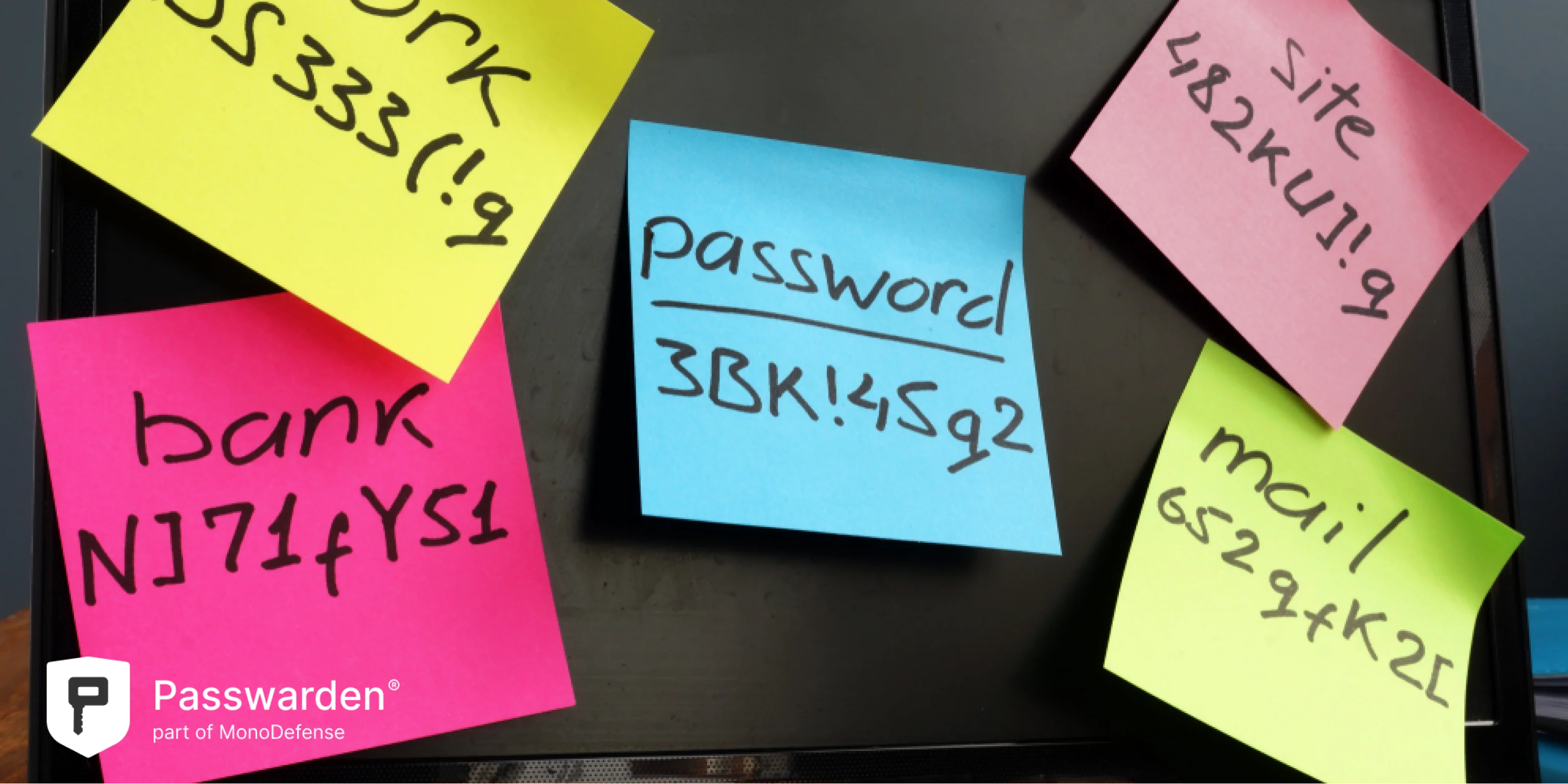 Password management. Laptop with memo sticks on the screen, Password Manager vs Spreadsheet