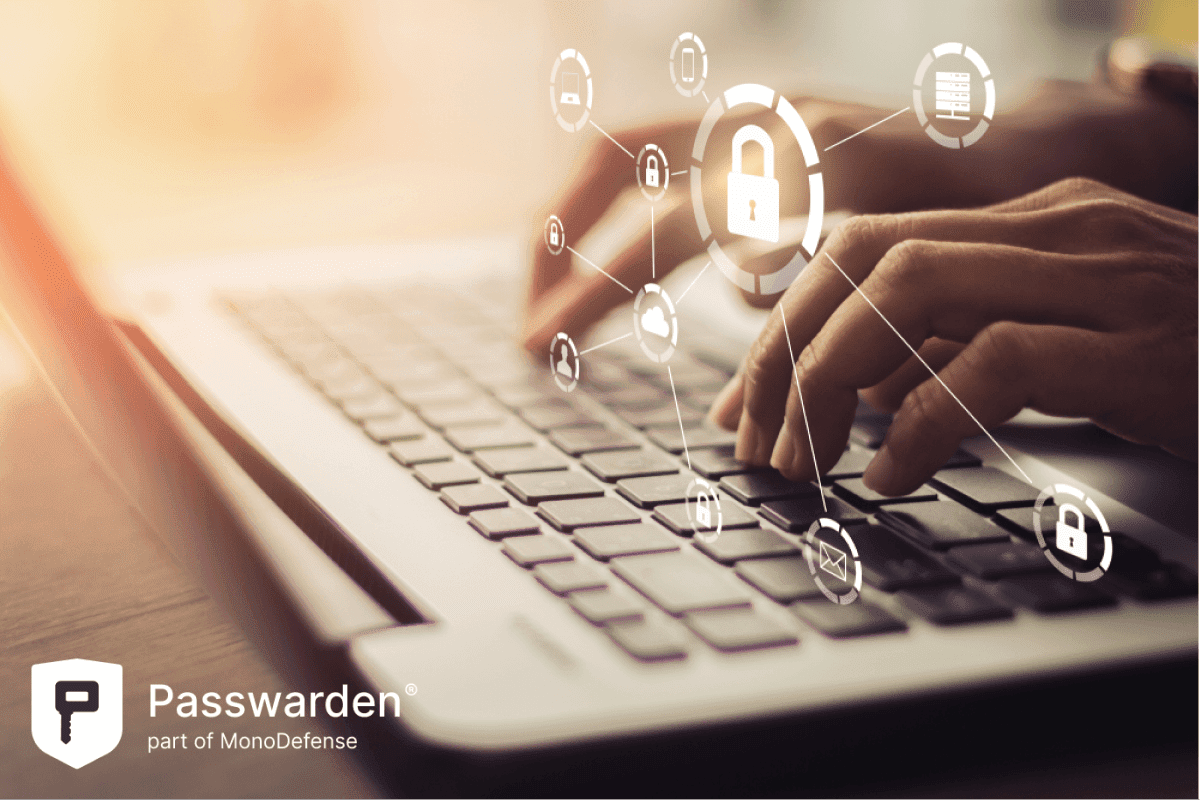 Man working on his laptop in the office, the icon security on the virtual display, concept of password security, Passwarden