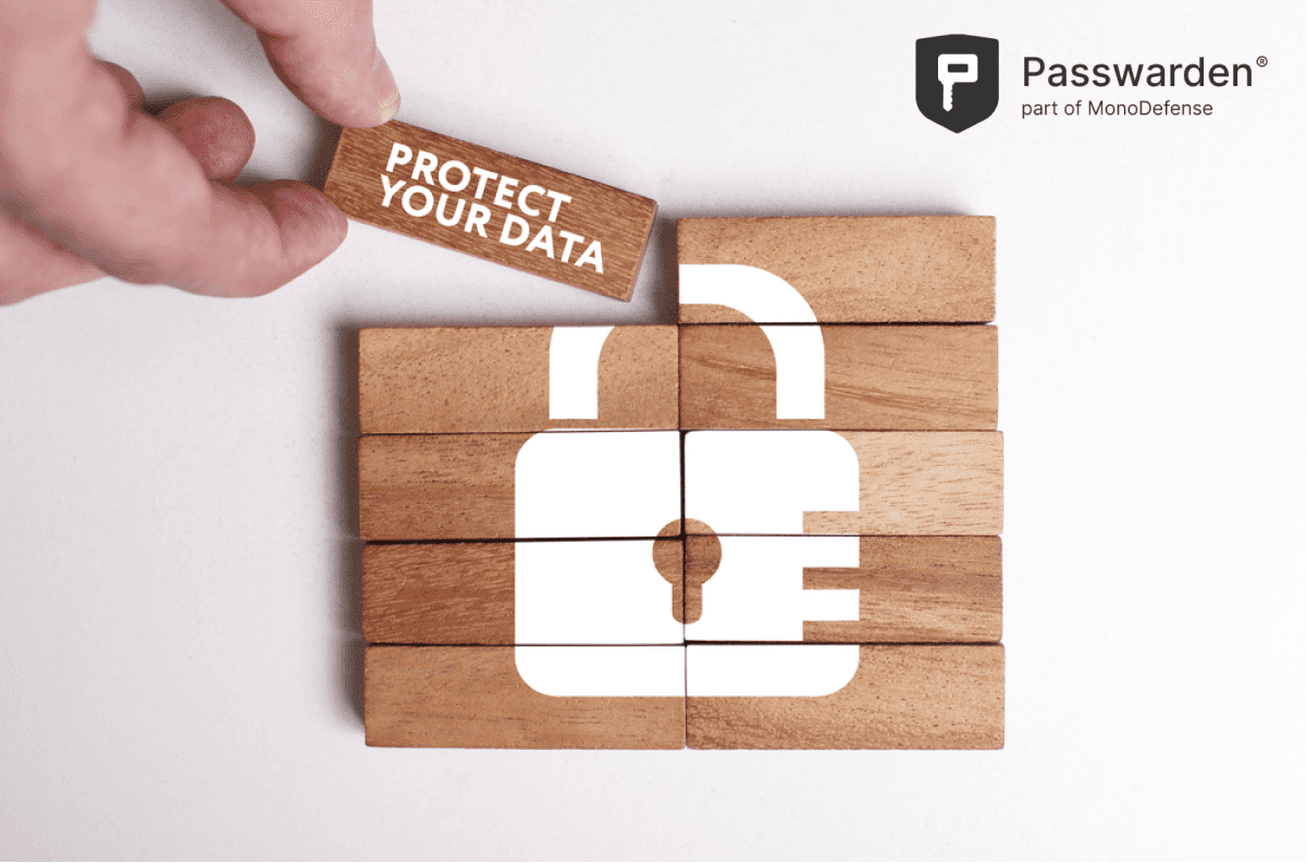 Wooden block with a phrase: Protect your data, concept of protection of your passwords with a password manager