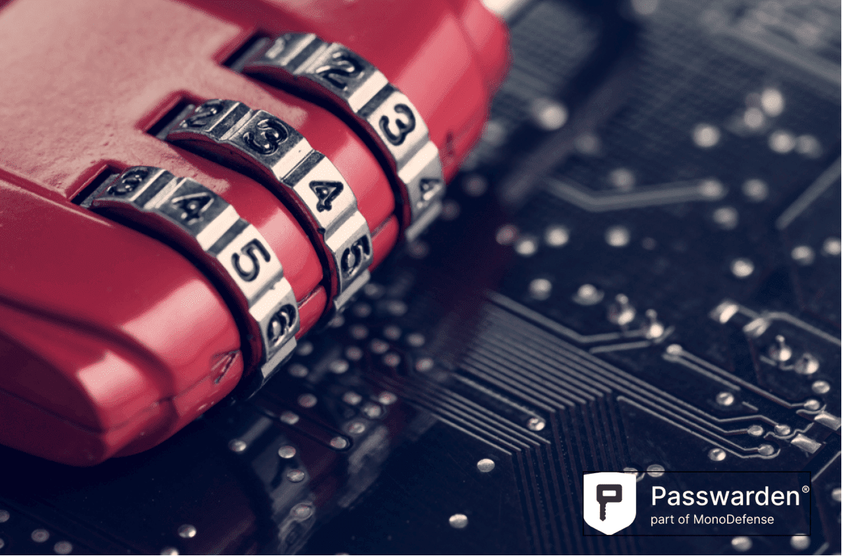 Code numbers on a combination lock on a computer circuit board with solder, security and encryption concept of a safe password manager Passwarden