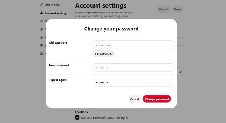 Change your password Old password