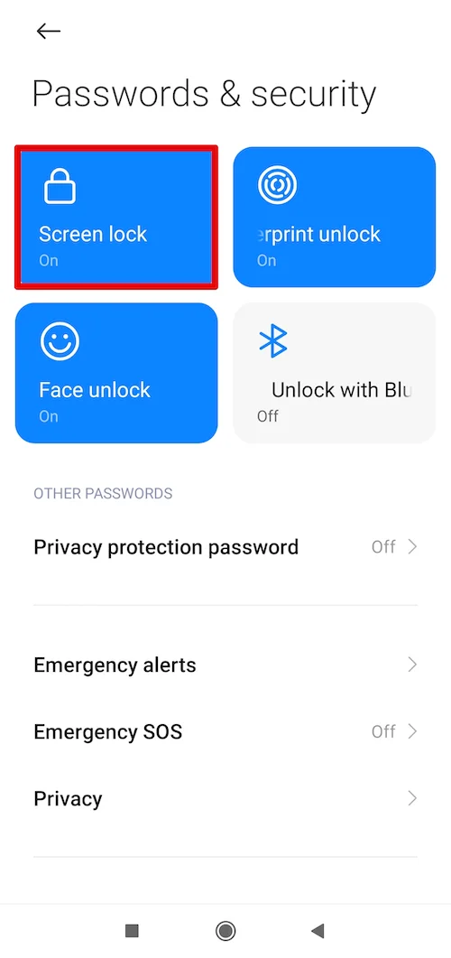 Android Passwords & security: Screen lock