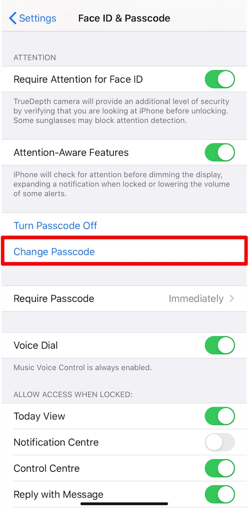 iPhone Change Passcode button in Settings