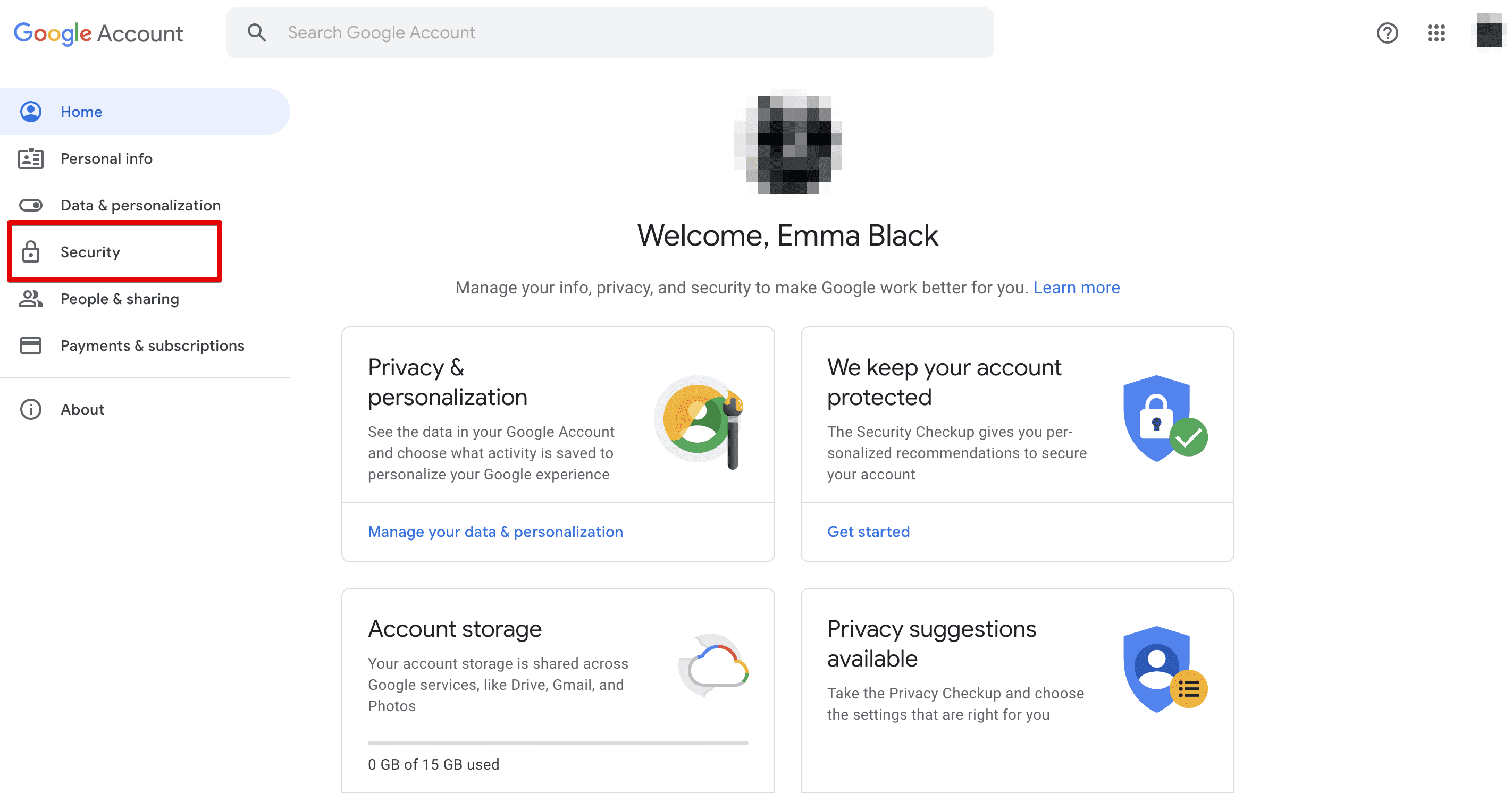 Change YouTube password, Security tab in Google account