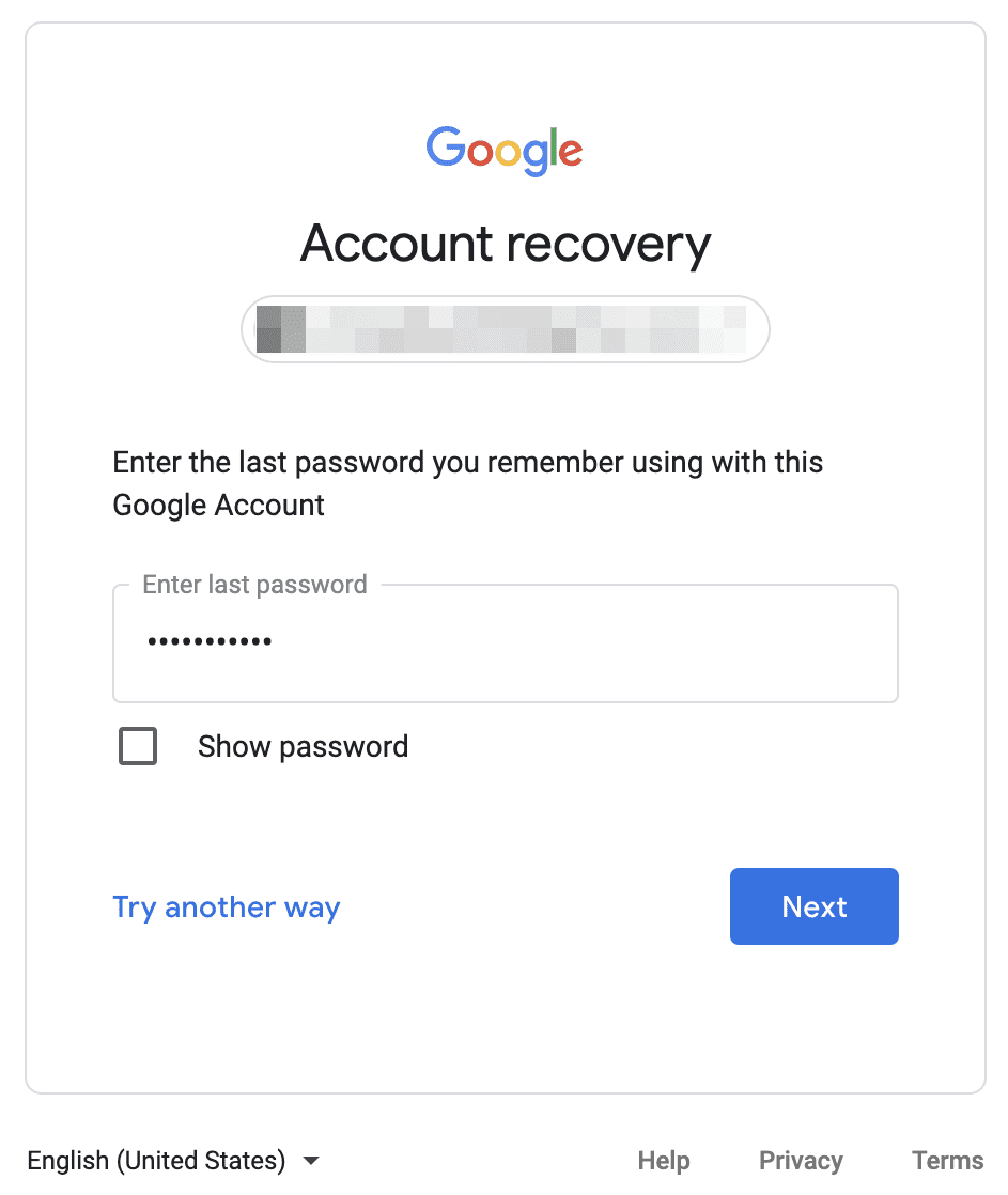 Recover YouTube password, try another way