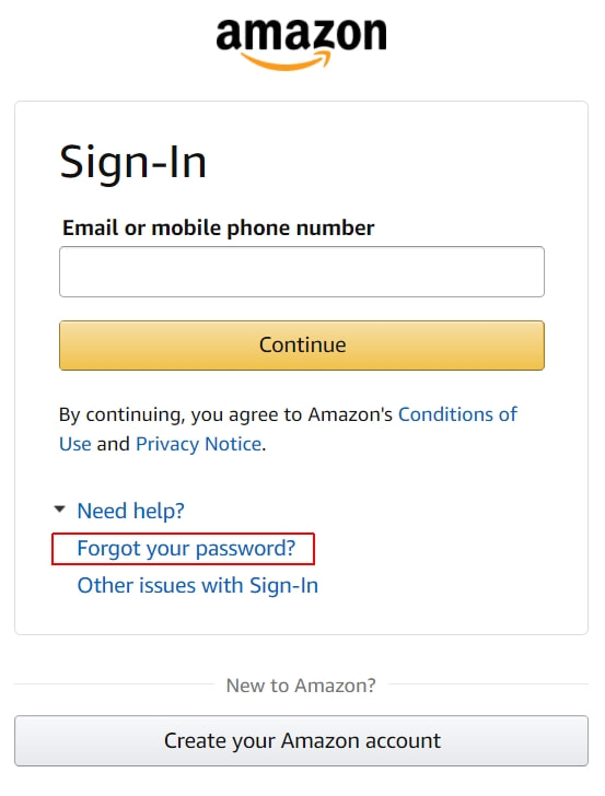 Amazon - reset password