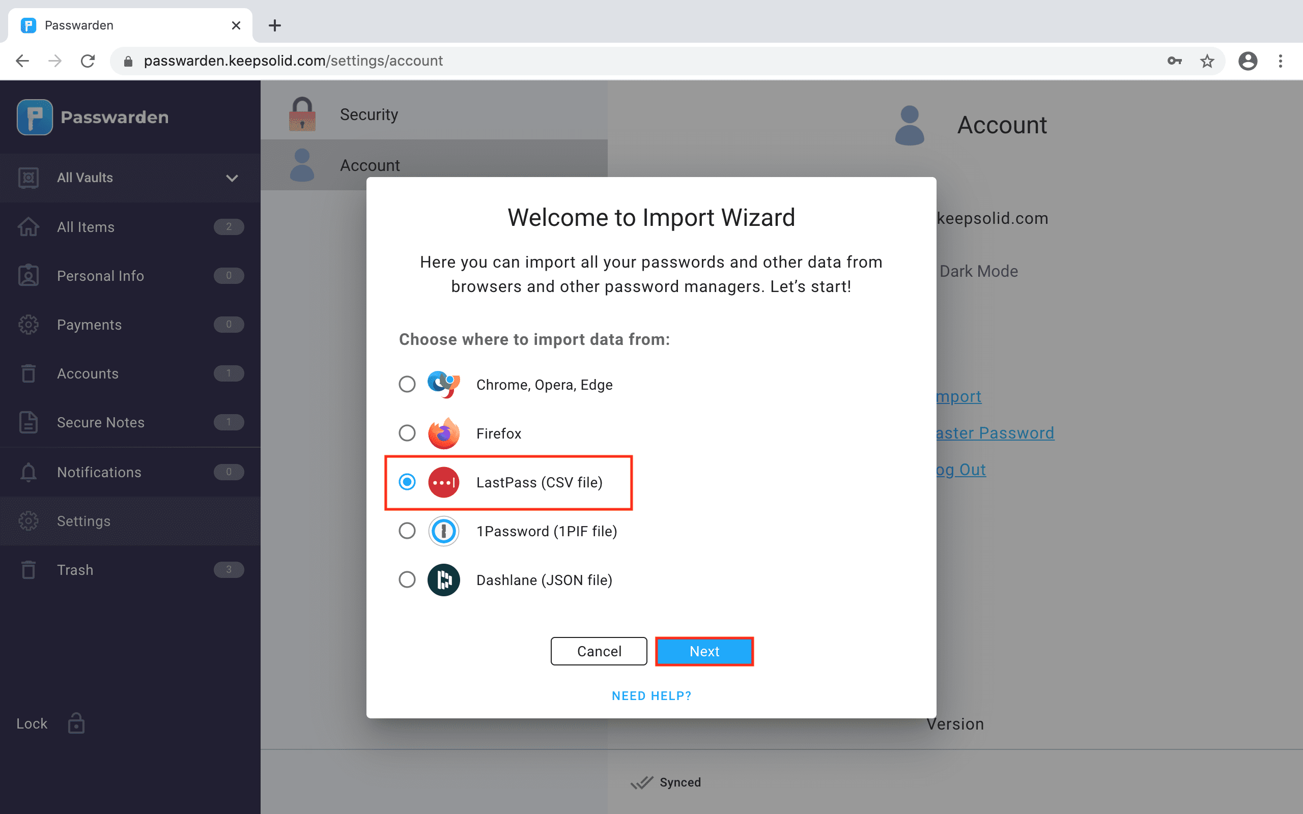 How to export passwords from lastpass and import into passwarden