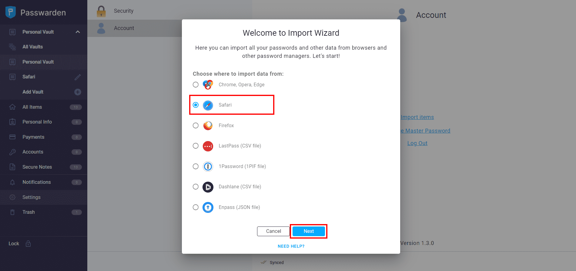 Choose the Safari option and click Next.