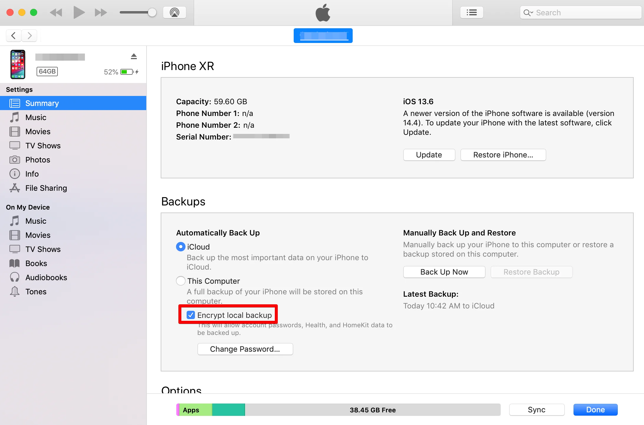 Encrypt local backup iPhone