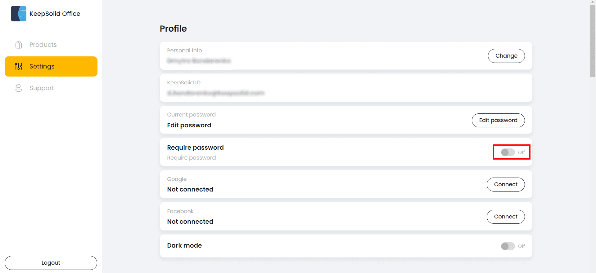 Require Password Toggle button