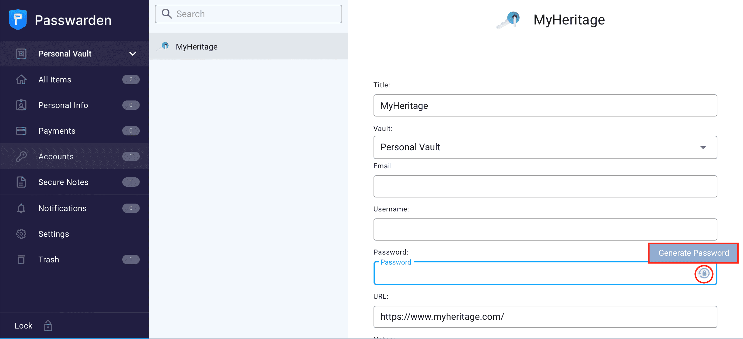 Generate password using Passwarden