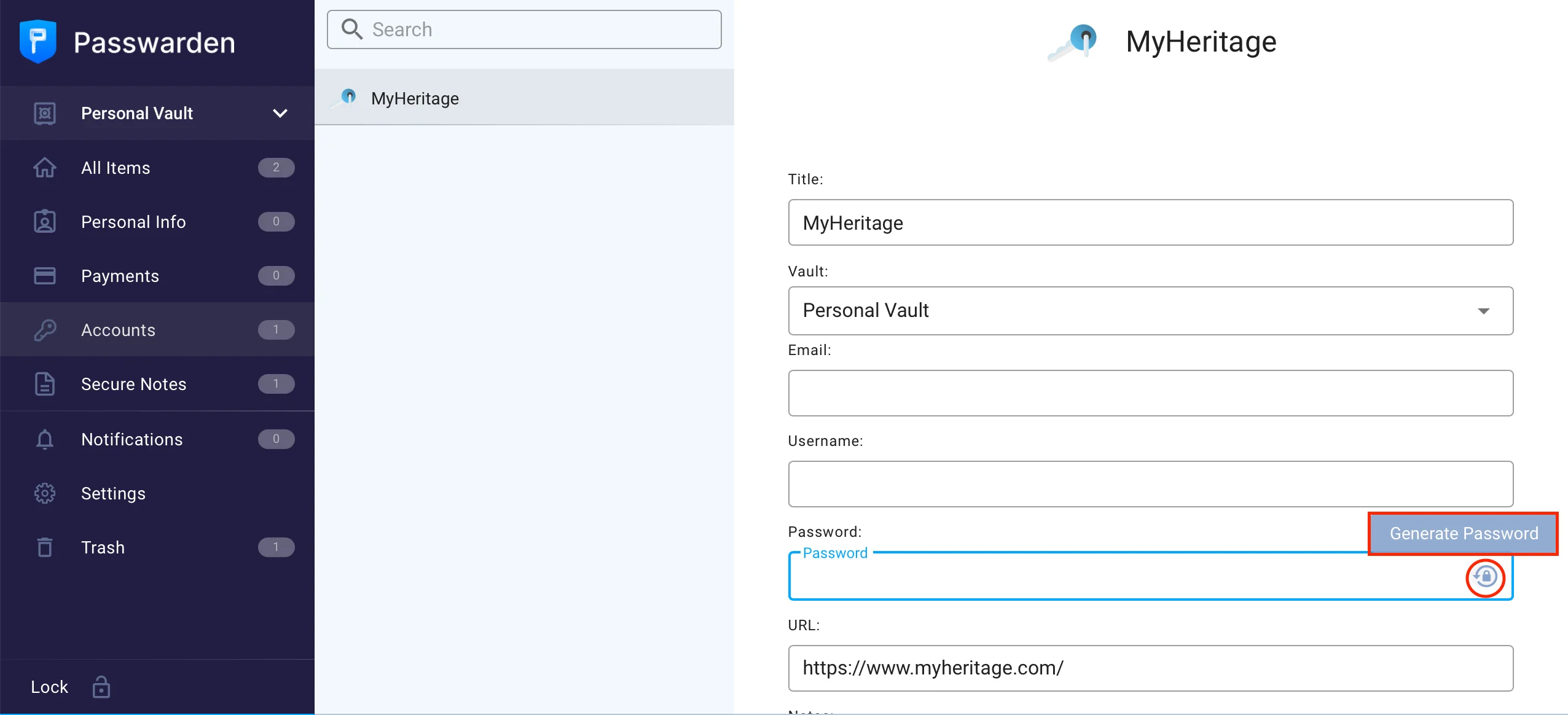 Generate password using Passwarden
